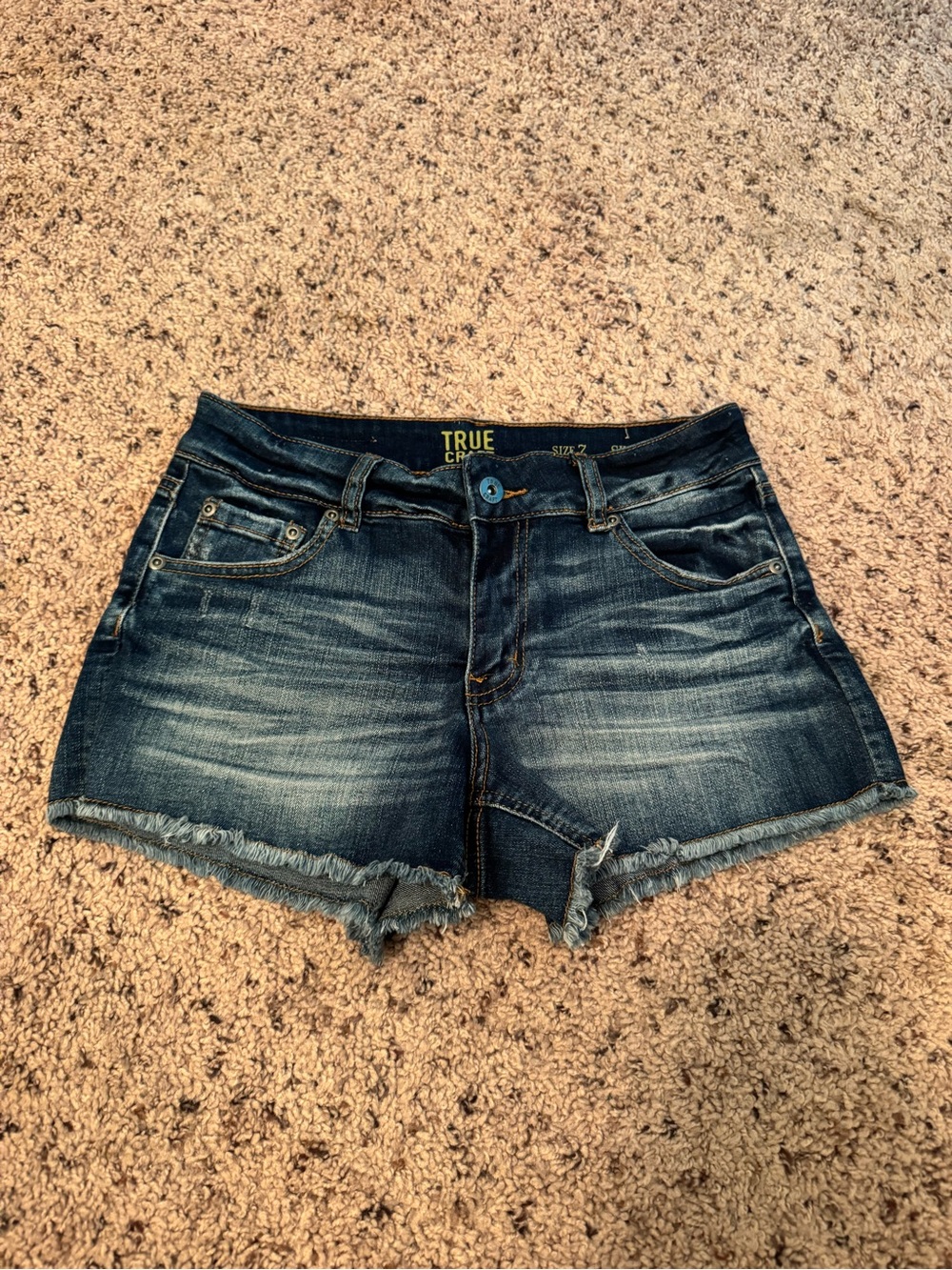 True Craft Dark Indigo Frayed Hem Denim Shorts